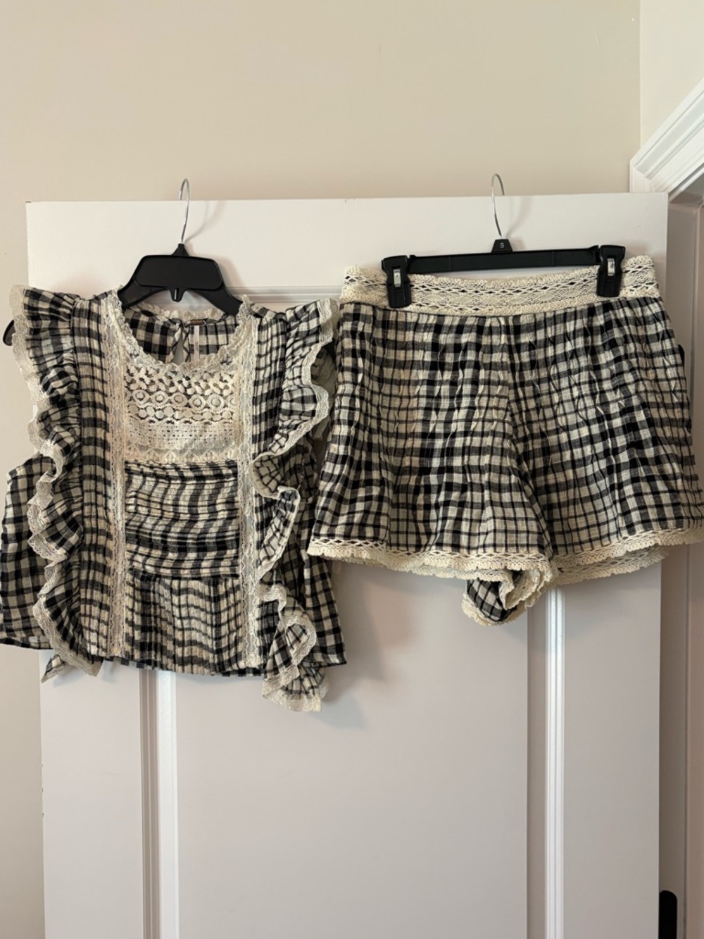 Free People Black & Cream Crochet and Gingham Set